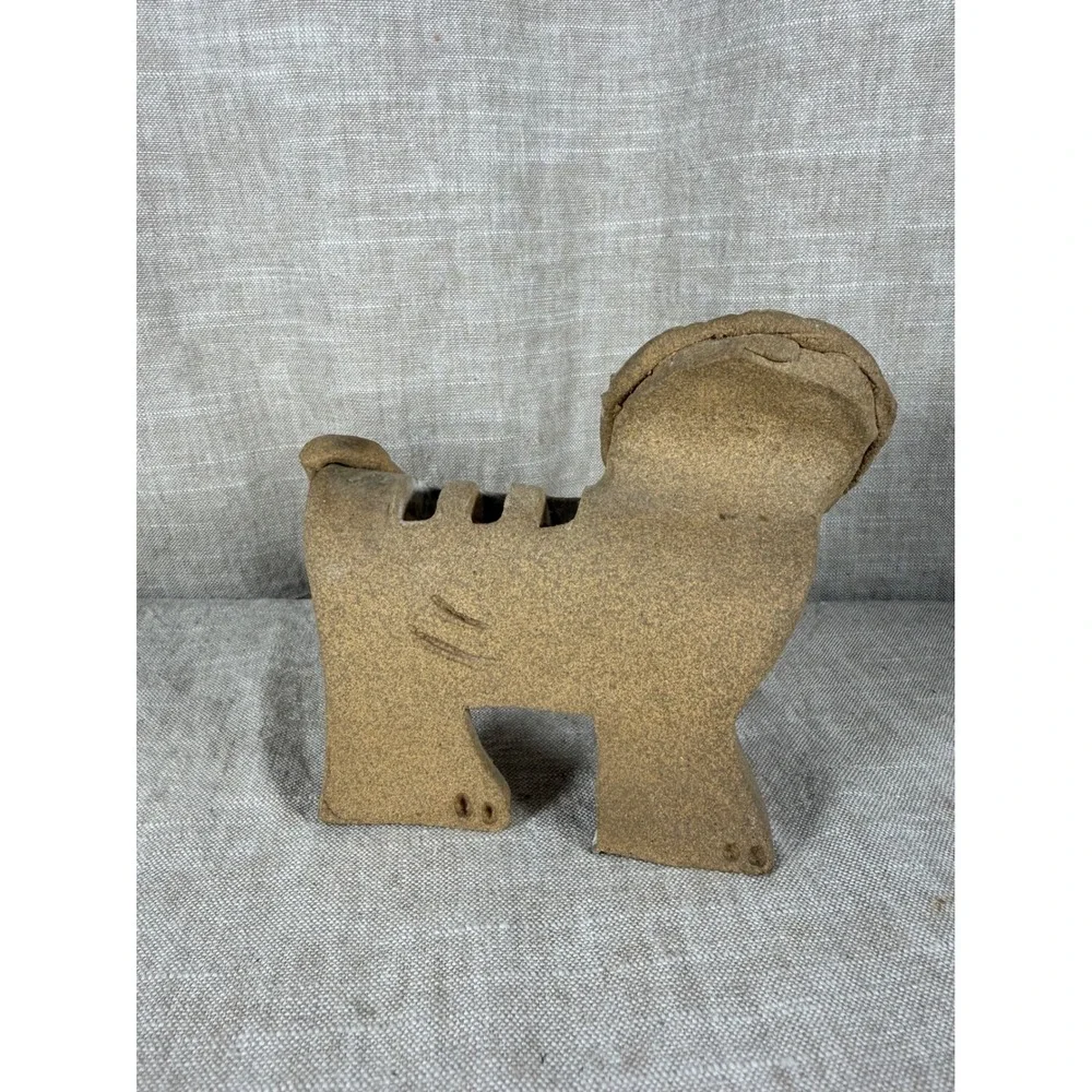 Pottery Lion Figurine Good Vintage Studio Ceramic Slotted Back Tan Green